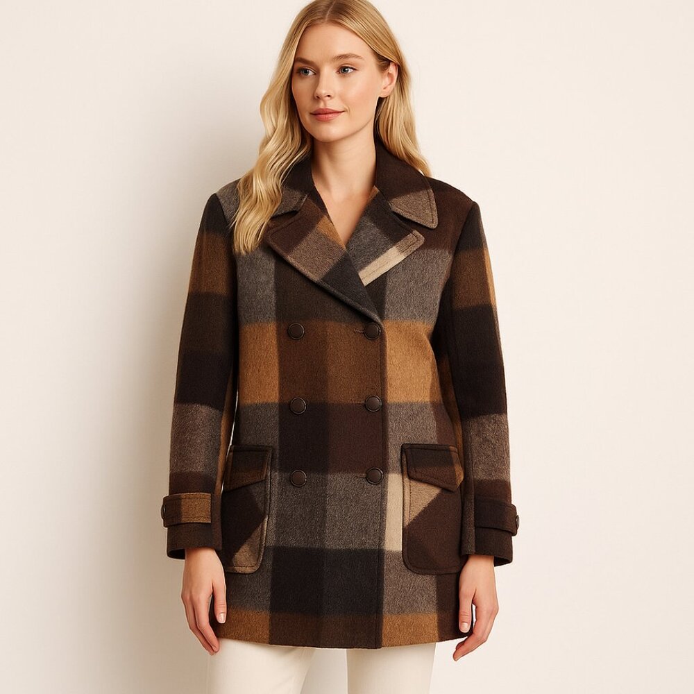 Vintage Europe Craft Belgium Wool Linen Plaid Coat Double Breasted Brown Check M